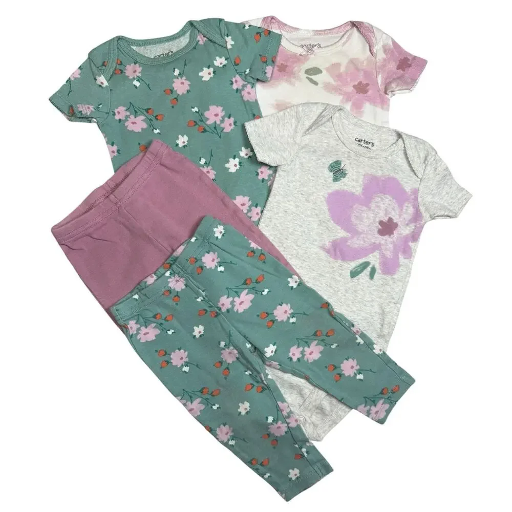 Carters Bodysuit Matching Outfit Baby Girl Flowers Green Purple 6-9 Months